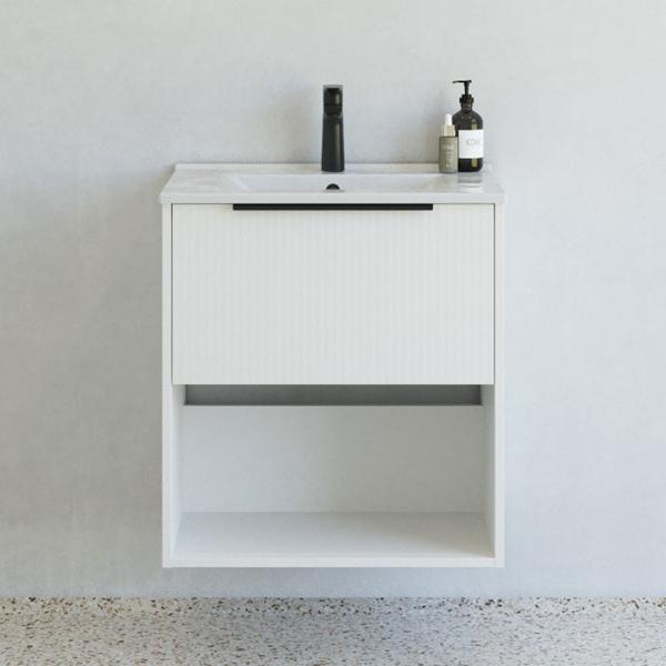 Dansani Mido+ Classic 61 m&oslash;bels&aelig;t m/Amber vask, 1 skuffe og &aring;bent rum - Striber/mat hvid