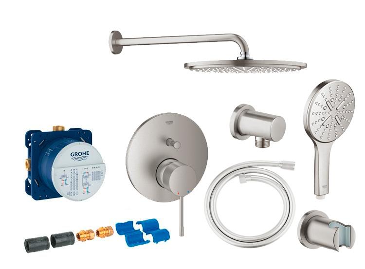 Grohe Essence komplet brusesystem t/indbygning m/Rainshower 310 hovedbrus & SmartActive h&aring;ndbrus - Supersteel