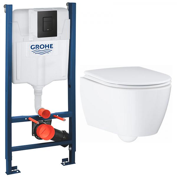 Grohe Essence Rimless toiletpakke inkl. s&aelig;de m/soft-close, cisterne og sort betjening