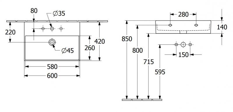 V&B Memento 2.0 60 håndvask t/væg - 1/3 hanehuller V&B Memento 2.0 60 håndvask t/væg - 1/3 hanehuller