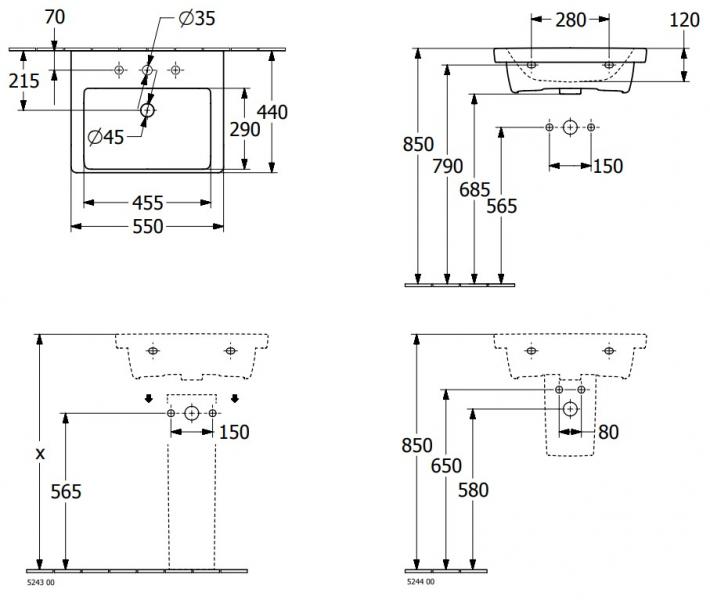 V&B Subway 3.0 55 håndvask t/væg - 1/3 hanehuller V&B Subway 3.0 55 håndvask t/væg - 1/3 hanehuller