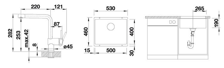 Blanco Subline 500-U k&oslash;kkenvask m/Linus k&oslash;kkenarmatur - Kaffe