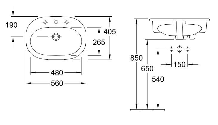 V&B O.novo 56 h&aring;ndvask t/nedf&aelig;ldning - 1/3 hanehul