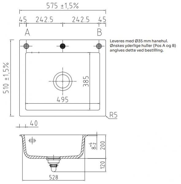 Lavabo Mera 57 k&oslash;kkenvask i porcel&aelig;n - Mat sort/krom afl&oslash;b