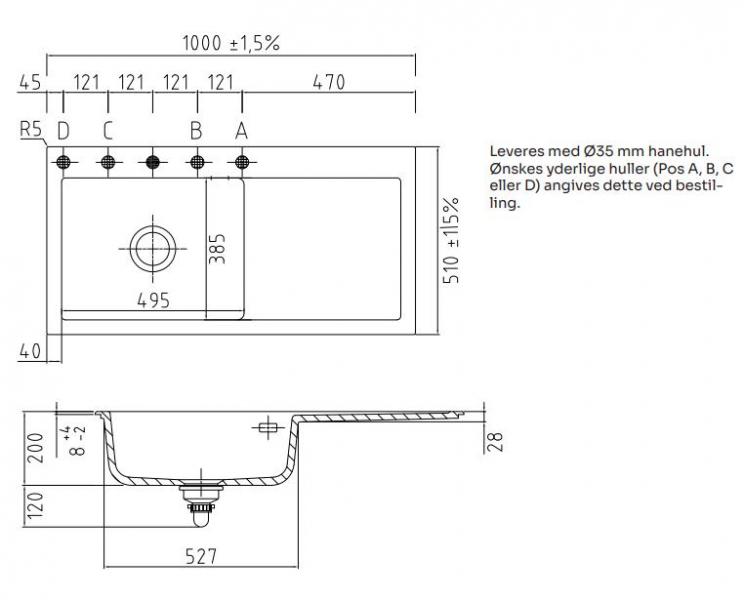 Lavabo Mera 100 SL porcel&aelig;nsk&oslash;kkenvask - Vask til venstre/krom afl&oslash;b
