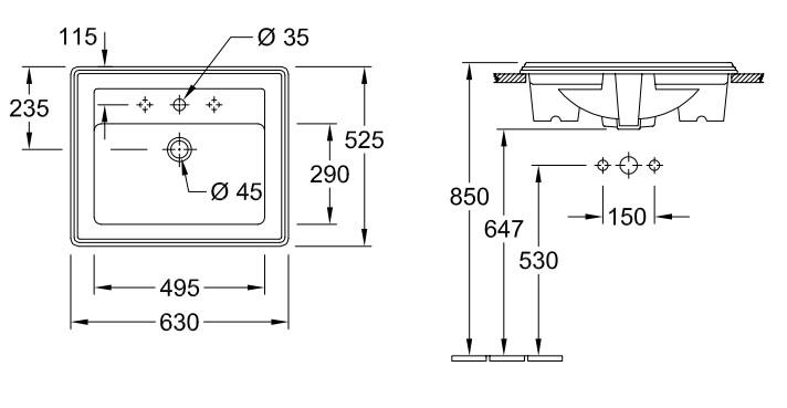 V&B Hommage 63 h&aring;ndvask t/nedf&aelig;ldning - 3 hanehuller - Ceramic+