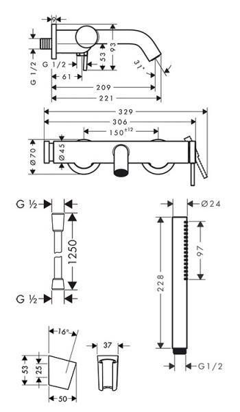hansgrohe Tecturis komplet badekararmatur m/Eco slim h&aring;ndbruser - Krom
