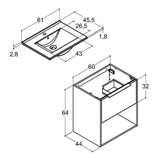 Dansani Mido+ Classic 61 m&oslash;bels&aelig;t m/Amber vask, 1 skuffe og &aring;bent rum - Striber/mat hvid