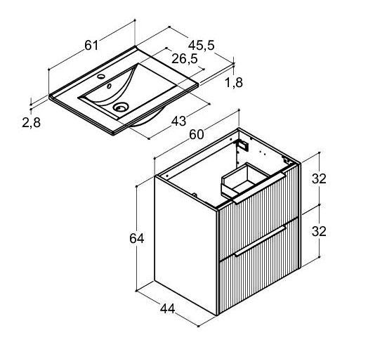 Dansani Mido+ Classic 61 m&oslash;bels&aelig;t m/Amber vask og 2 skuffer - Striber/mat lysebl&aring;