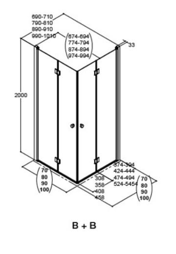 Dansani Match B+B bruseniche m/folded&oslash;re - 80x80 cm - Klar glas/mat krom