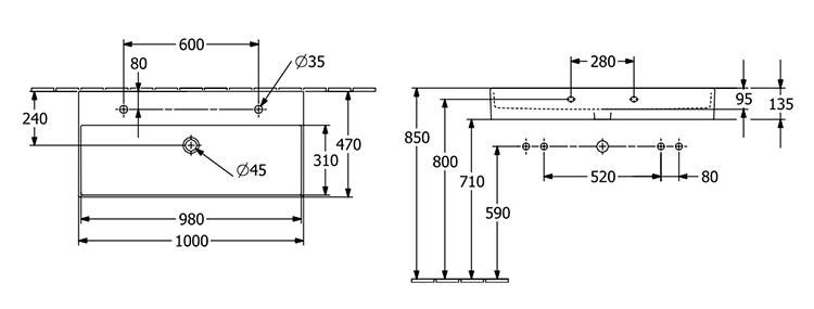 V&B Memento 2.0 100 h&aring;ndvask t/v&aelig;g - Med 2 hanehuller - Ceramic+