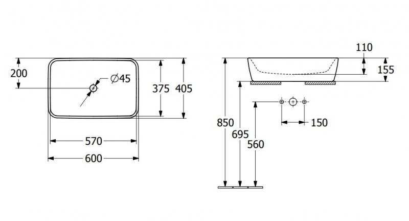 V&B Architectura 60 square fritst&aring;ende bowlevask - Med overl&oslash;b