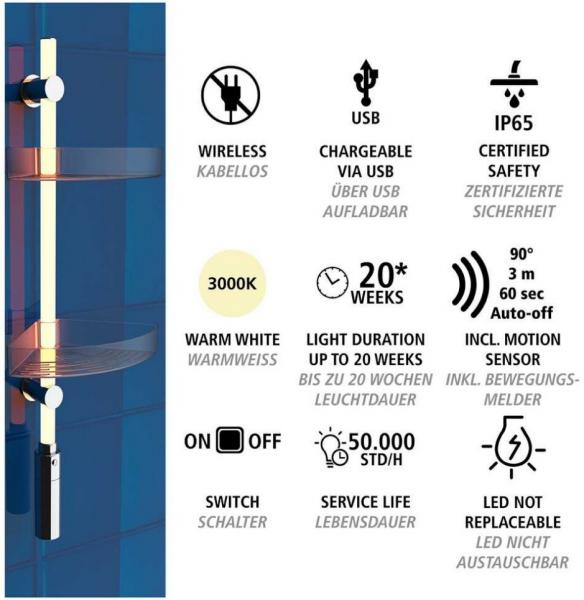 Wenko brusehylde til bad med LEDlys - Kan også limes Wenko brusehylde til bad med LEDlys - Kan også limes