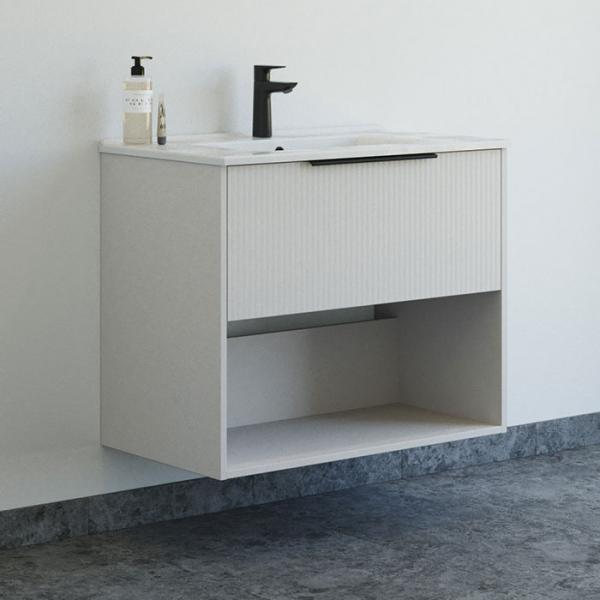 Dansani Mido+ Classic 81 m&oslash;bels&aelig;t m/Amber vask, 1 skuffe og &aring;bent rum - Striber/mat sand