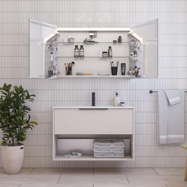 Dansani Mido+ Classic 101 m&oslash;bels&aelig;t m/Amber vask, 1 skuffe og &aring;bent rum - Striber/mat sand